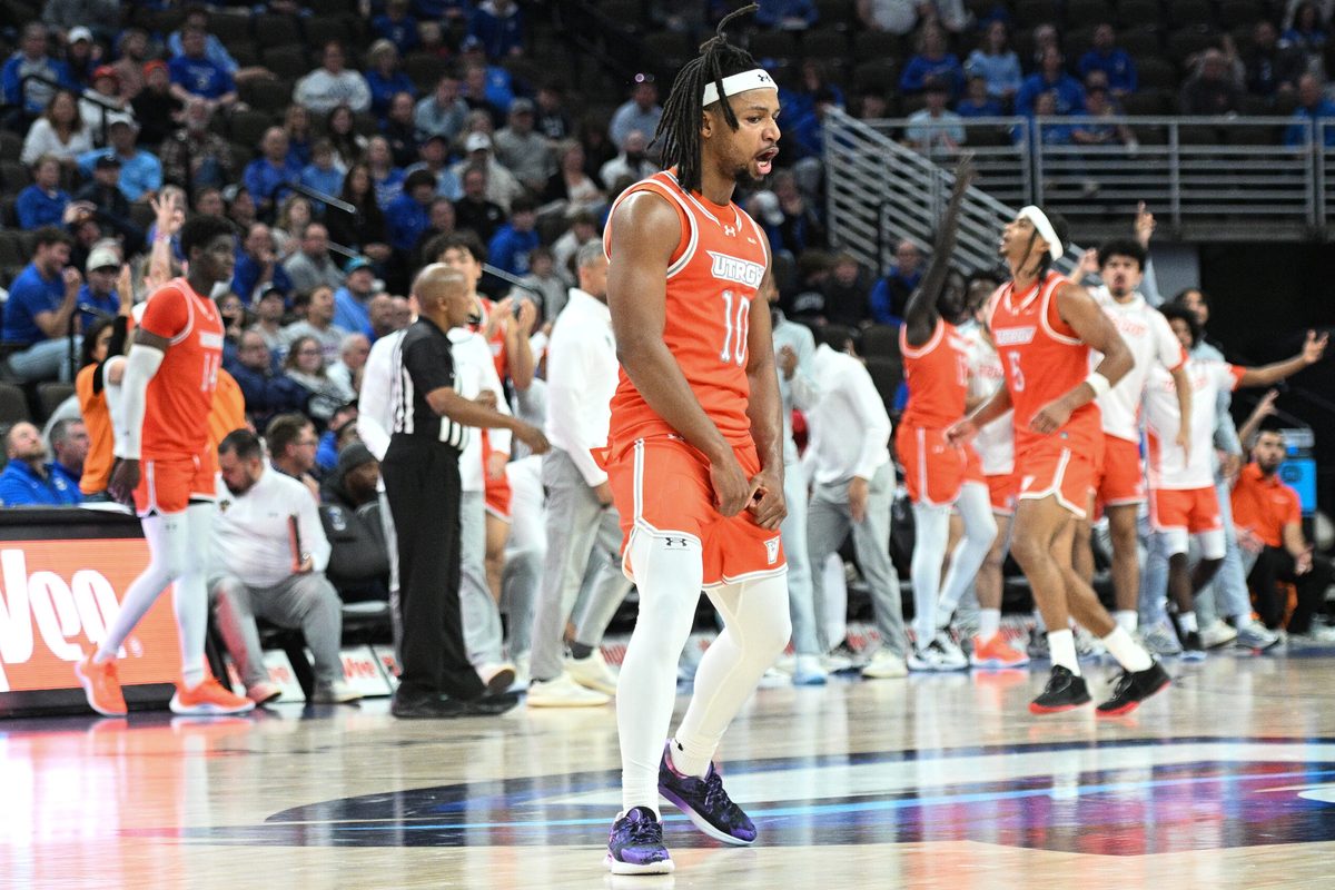 Nov 6, 2024; Omaha, Nebraska, USA; UT Rio Grande Valley Vaqueros guard Cliff Davis (10) reacts after scoring against the Creighton Bluejays during the second half at CHI Health Center Omaha. Mandatory Credit: Steven Branscombe-Imagn Images