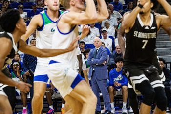 Florida Gulf Coast University men's basketball coach, Pat Chambers watches play during a game against St. Bonaventure on Wednesday, Nov. 13, 2024. FGCU lost in their home opener.