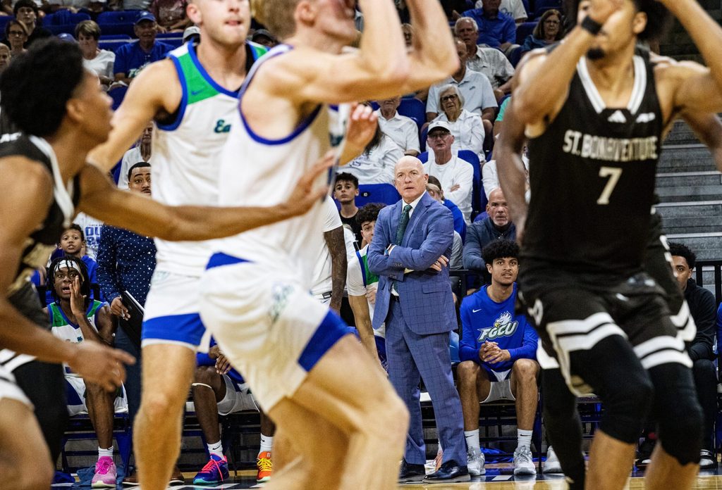 Florida Gulf Coast University men's basketball coach, Pat Chambers watches play during a game against St. Bonaventure on Wednesday, Nov. 13, 2024. FGCU lost in their home opener.