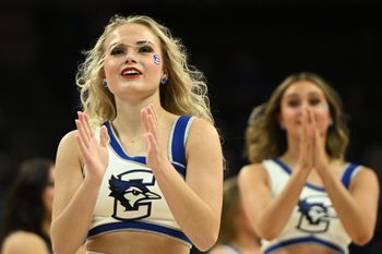 Nov 16, 2024; Omaha, Nebraska, USA;  Cheerleaders for the Creighton Bluejays perform during the second half against the UMKC Kangaroos at CHI Health Center Omaha. Mandatory Credit: Steven Branscombe-Imagn Images