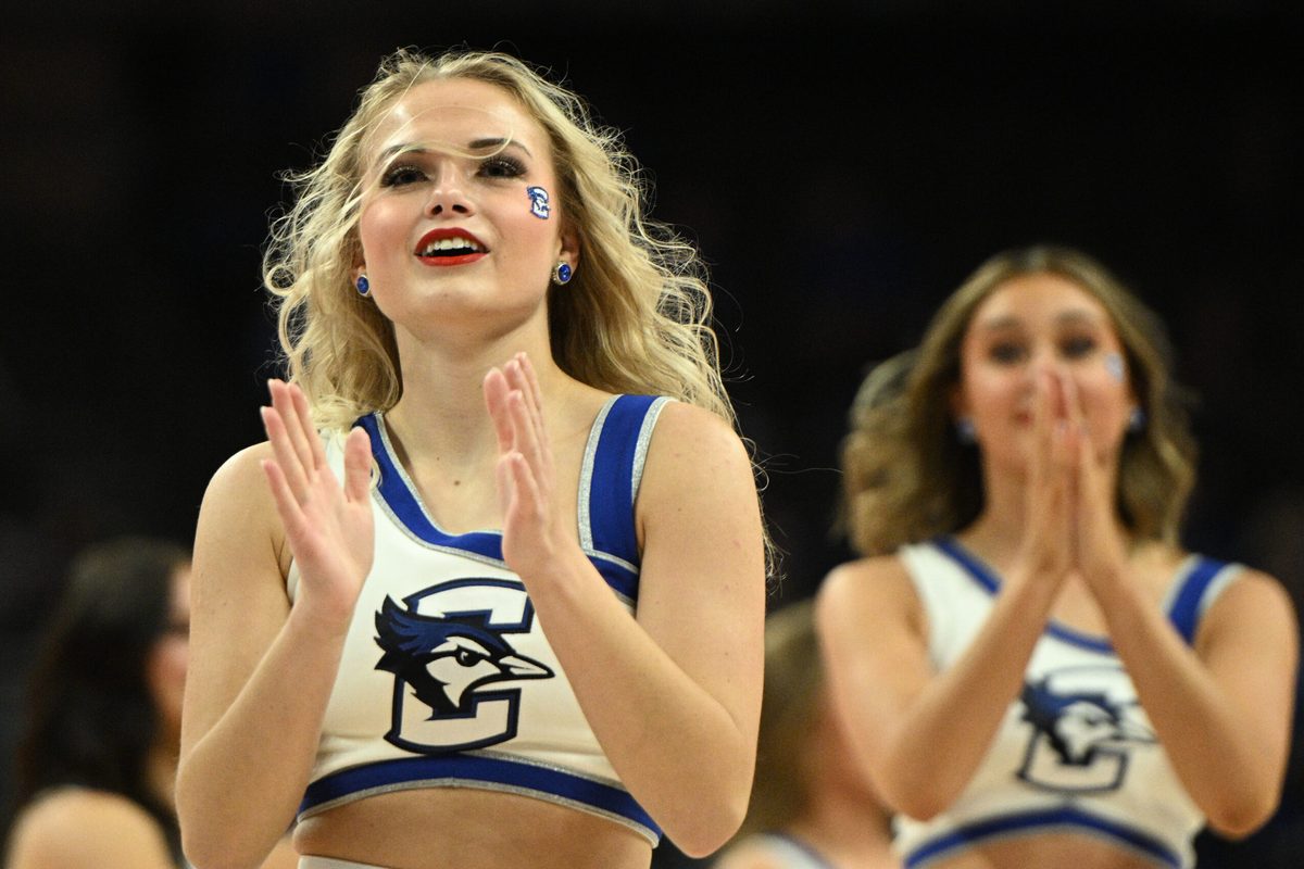 Nov 16, 2024; Omaha, Nebraska, USA; Cheerleaders for the Creighton Bluejays perform during the second half against the UMKC Kangaroos at CHI Health Center Omaha. Mandatory Credit: Steven Branscombe-Imagn Images