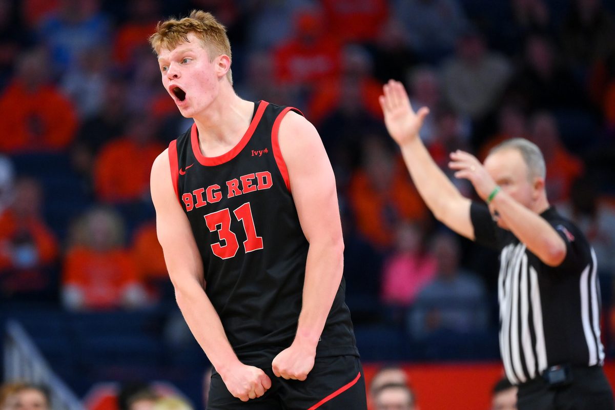 Nov 27, 2024; Syracuse, New York, USA; Cornell Big Red guard Cooper Noard (31) reacts to his three-point basket against the Syracuse Orange during the second half at the JMA Wireless Dome. Mandatory Credit: Rich Barnes-Imagn Images