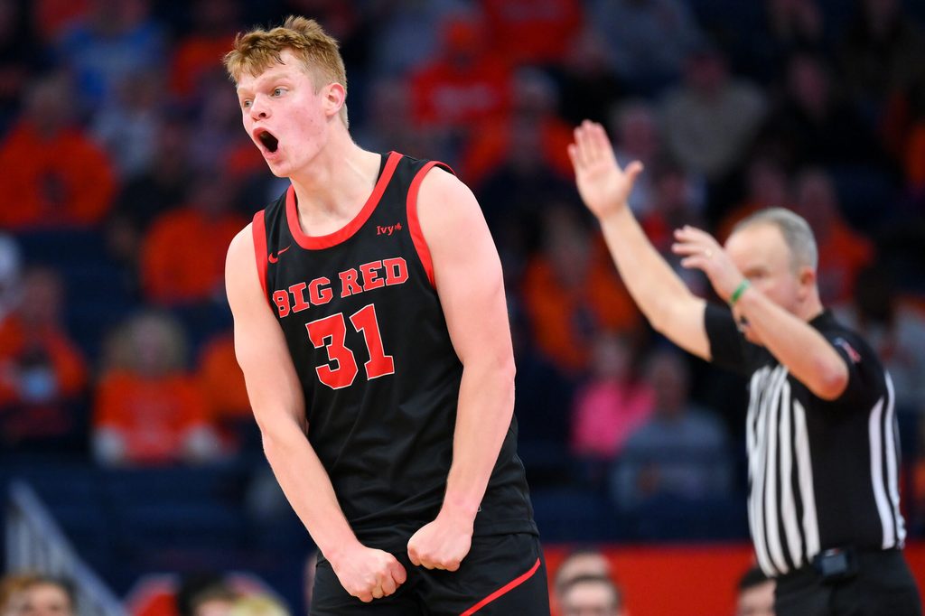 Nov 27, 2024; Syracuse, New York, USA; Cornell Big Red guard Cooper Noard (31) reacts to his three-point basket against the Syracuse Orange during the second half at the JMA Wireless Dome. Mandatory Credit: Rich Barnes-Imagn Images