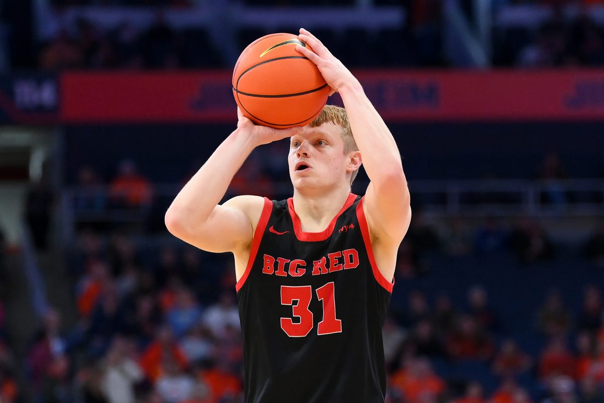 Nov 27, 2024; Syracuse, New York, USA; Cornell Big Red guard Cooper Noard (31) shoots the ball against the Syracuse Orange during the first half at the JMA Wireless Dome. Mandatory Credit: Rich Barnes-Imagn Images