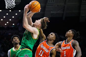 Syracuse guard Chance Westry (11) fouls Notre Dame guard Matt Allocco (41) during a NCAA men's basketball game at Purcell Pavilion on Saturday, Dec. 7, 2024, in South Bend.