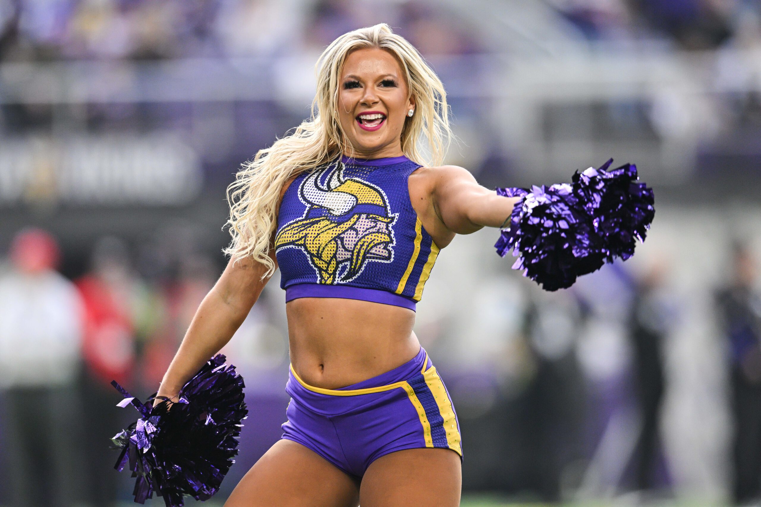 Dec 8, 2024; Minneapolis, Minnesota, USA; Minnesota Vikings cheerleaders react with the crowd during the first quarter against the Atlanta Falcons at U.S. Bank Stadium. Mandatory Credit: Jeffrey Becker-Imagn Images