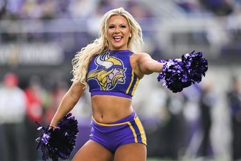 Dec 8, 2024; Minneapolis, Minnesota, USA; Minnesota Vikings cheerleaders react with the crowd during the first quarter against the Atlanta Falcons at U.S. Bank Stadium. Mandatory Credit: Jeffrey Becker-Imagn Images