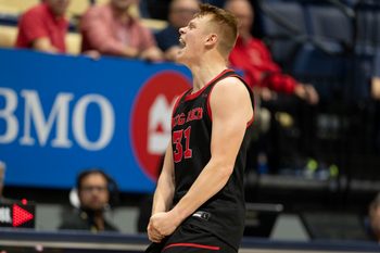 December 10, 2024; Berkeley, California, USA; Cornell Big Red guard Cooper Noard (31) celebrates after the game against the California Golden Bears at Haas Pavilion. Mandatory Credit: Kyle Terada-Imagn Images