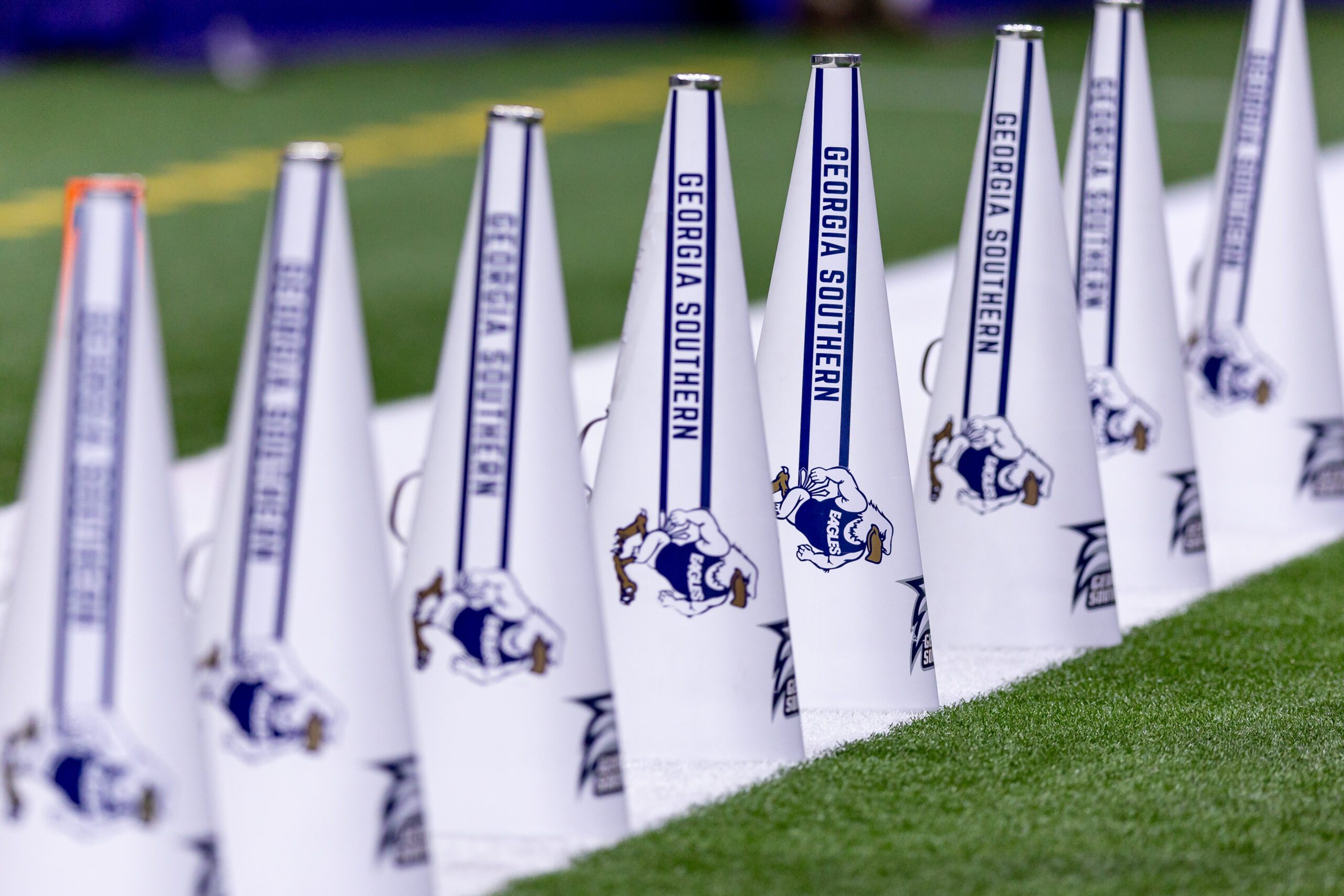 Dec 19, 2024; New Orleans, LA, USA; A general view of Georgia Southern Eagles cheerleaders megaphones during the start of the first half against the Sam Houston State Bearkats at Caesars Superdome. Mandatory Credit: Stephen Lew-Imagn Images