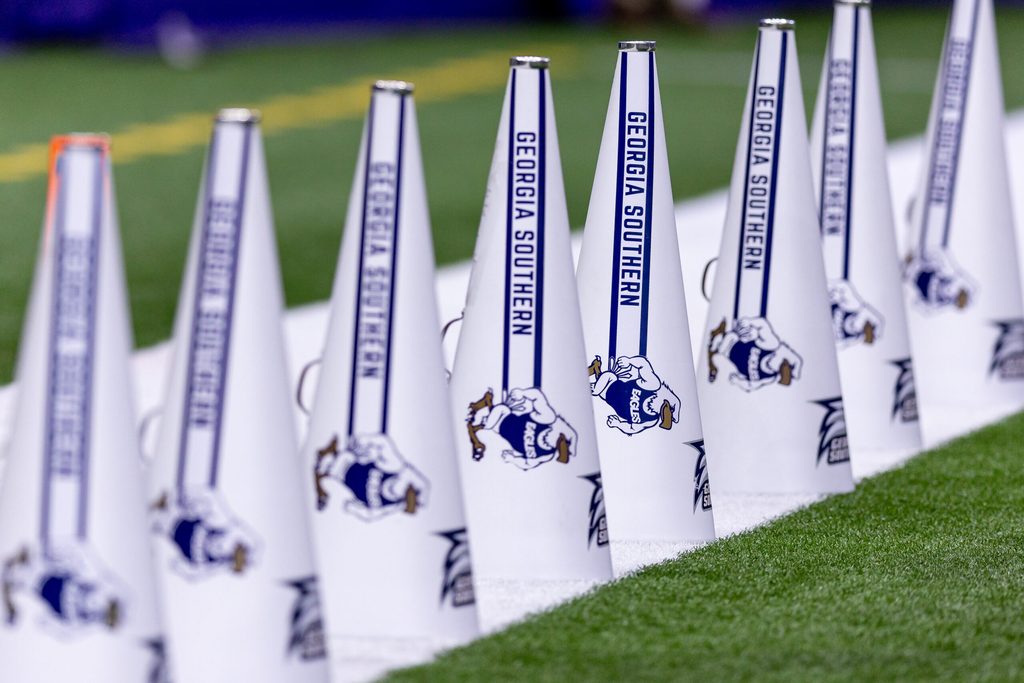Dec 19, 2024; New Orleans, LA, USA; A general view of Georgia Southern Eagles cheerleaders megaphones during the start of the first half against the Sam Houston State Bearkats at Caesars Superdome. Mandatory Credit: Stephen Lew-Imagn Images
