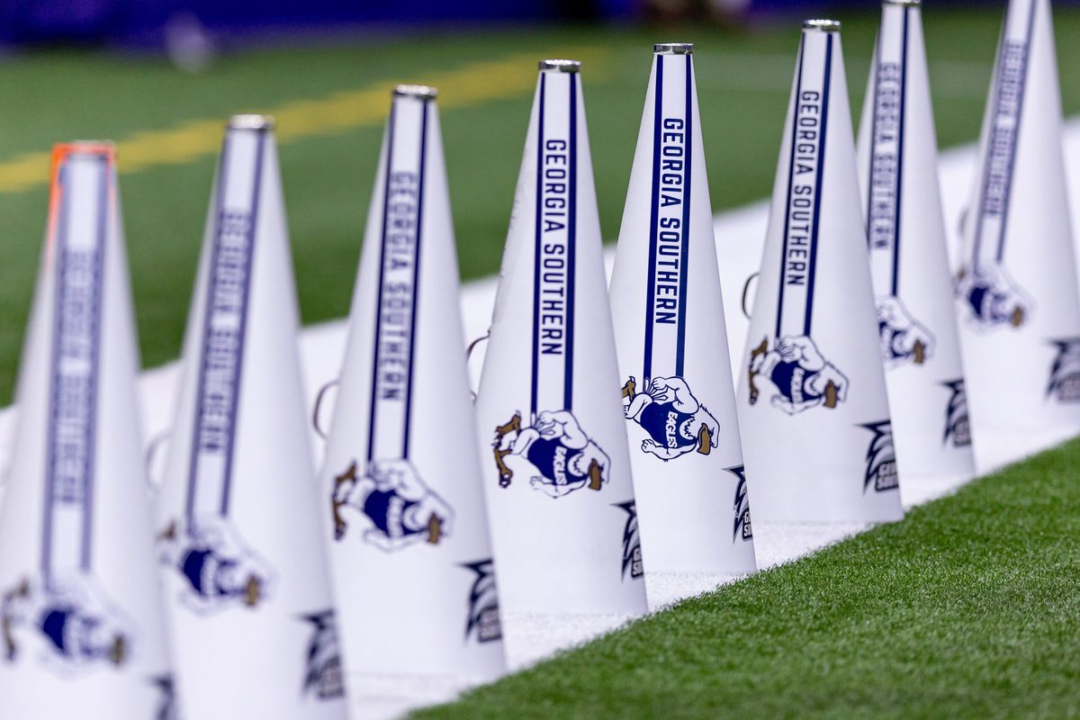 Dec 19, 2024; New Orleans, LA, USA; A general view of Georgia Southern Eagles cheerleaders megaphones during the start of the first half against the Sam Houston State Bearkats at Caesars Superdome. Mandatory Credit: Stephen Lew-Imagn Images