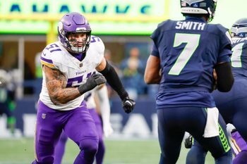 Dec 22, 2024; Seattle, Washington, USA; Minnesota Vikings linebacker Blake Cashman (51) reacts to a snap against the Seattle Seahawks during the fourth quarter at Lumen Field. Mandatory Credit: Joe Nicholson-Imagn Images