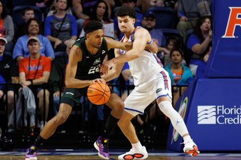Dec 29, 2024; Gainesville, Florida, USA; Stetson Hatters guard Abramo Canka (22) posts up against Florida Gators guard Walter Clayton Jr. (1) during the second half at Exactech Arena at the Stephen C. O'Connell Center. Mandatory Credit: Matt Pendleton-Imagn Images