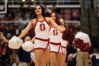 Jan 11, 2025; Stanford, California, USA; Stanford Cardinal cheerleaders perform during a time out against the Virginia Cavaliers in the first half at Maples Pavilion. Mandatory Credit: Eakin Howard-Imagn Images