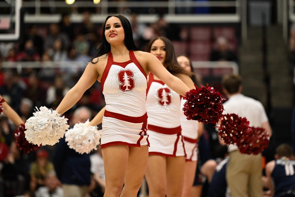 Jan 11, 2025; Stanford, California, USA; Stanford Cardinal cheerleaders perform during a time out against the Virginia Cavaliers in the first half at Maples Pavilion. Mandatory Credit: Eakin Howard-Imagn Images