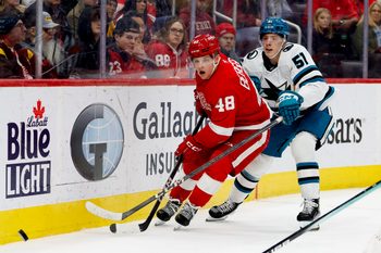 Jan 14, 2025; Detroit, Michigan, USA;  Detroit Red Wings right wing Jonatan Berggren (48) and San Jose Sharks right wing Collin Graf (51) battle for the puck in the second period at Little Caesars Arena. Mandatory Credit: Rick Osentoski-Imagn Images