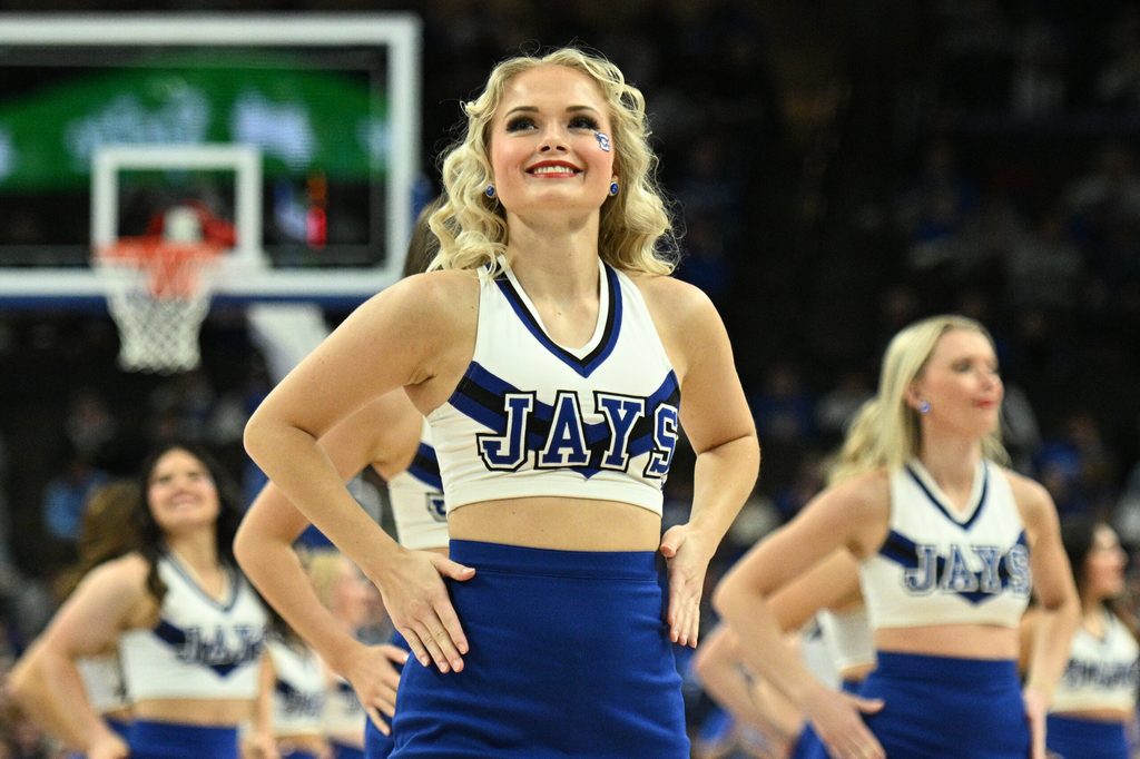 Jan 14, 2025; Omaha, Nebraska, USA; Cheerleaders for the Creighton Bluejays perform during a break in the game against the Providence Friars during the second half at CHI Health Center Omaha. Mandatory Credit: Steven Branscombe-Imagn Images