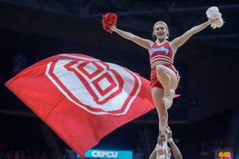 The Bradley cheerleaders entertain the crowd at halftime of an MVC college basketball game between the Braves and the Indiana State Sycamores on Wednesday, Jan. 15, 2025 at Carver Arena in Peoria. The Braves routed the Sycamores 118-65.