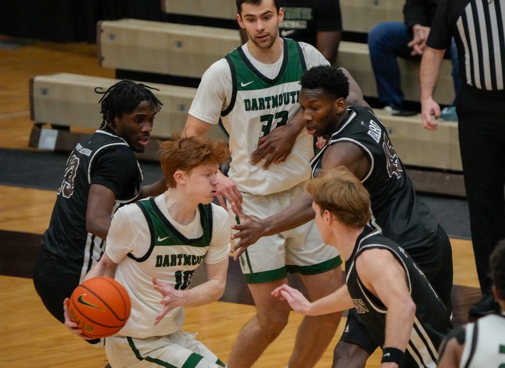 Brown falls to Dartmouth 84-83 at Pizzitola Sports Center. Dartmouth's Ryan Cornish, with ball, made late game free throw to put them ahead.