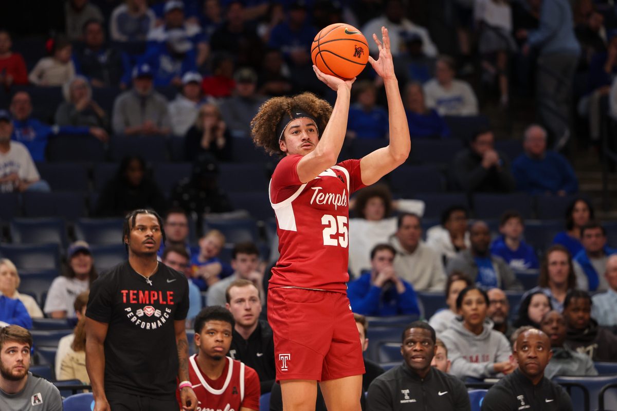 Feb 9, 2025; Memphis, Tennessee, USA; Temple Owls guard Aiden Tobiason (25) shoots the ball against the Memphis Tigers during the second half at FedExForum. Mandatory Credit: Wesley Hale-Imagn Images