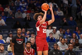 Feb 9, 2025; Memphis, Tennessee, USA; Temple Owls guard Aiden Tobiason (25) shoots the ball against the Memphis Tigers during the second half at FedExForum. Mandatory Credit: Wesley Hale-Imagn Images