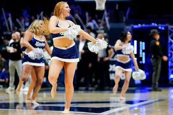 Xavier Musketeers cheerleaders perform a routine in the second half of a NCAA men’s basketball game between the Xavier Musketeers and DePaul Blue Demons, Saturday, Feb. 15, 2025, at Cintas Center in Cincinnati. Musketeers won 85-68.