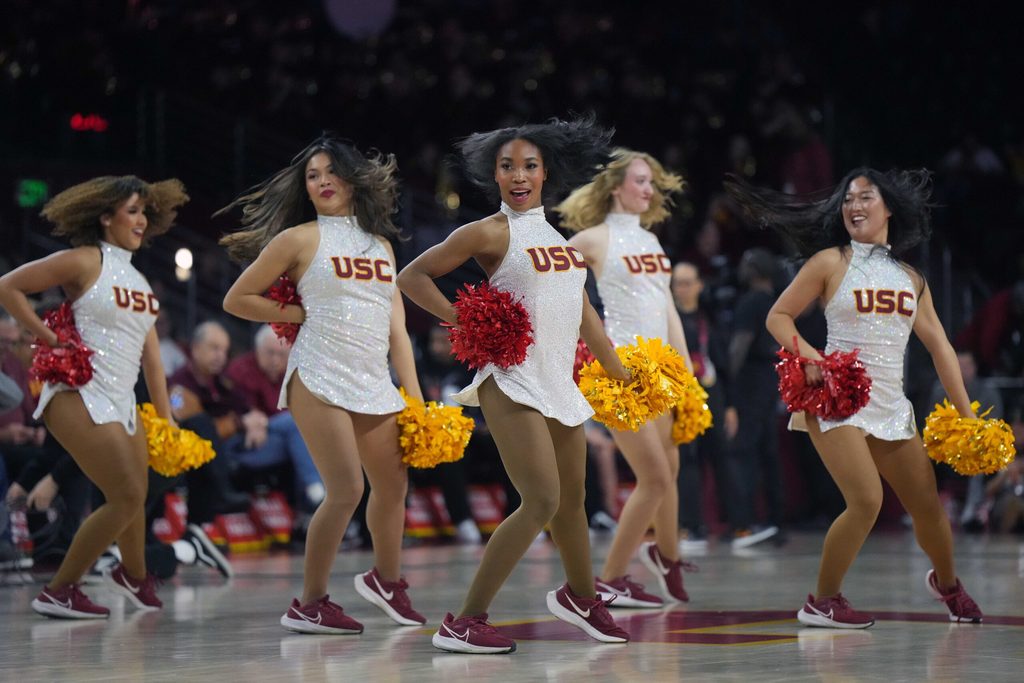 Feb 15, 2025; Los Angeles, California, USA; Southern California Trojans song girls cheerleaders perform against the Minnesota Golden Gophers in the first half at Galen Center. Mandatory Credit: Kirby Lee-Imagn Images