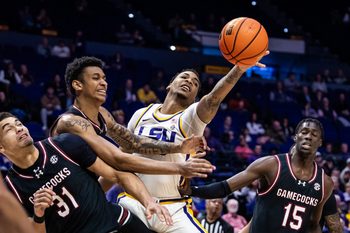 Feb 18, 2025; Baton Rouge, Louisiana, USA; South Carolina Gamecocks guard Arden Conyers (21) and LSU Tigers forward Robert Miller III (6) fight for a rebound during the first half at Pete Maravich Assembly Center. Mandatory Credit: Stephen Lew-Imagn Images