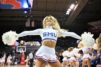 Feb 22, 2025; Dallas, Texas, USA; The SMU Mustangs cheerleaders perform during the second half of the game between the SMU Mustangs and the Clemson Tigers at Moody Coliseum. Mandatory Credit: Jerome Miron-Imagn Images