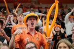Feb 25, 2025; Stillwater, Oklahoma, USA; Oklahoma State Cowboys fans react during the second half against the Iowa State Cyclones at Gallagher-Iba Arena. Mandatory Credit: William Purnell-Imagn Images