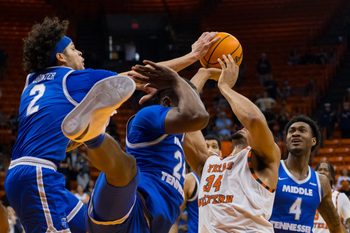 Middle Tennessee Jlynn Counter (2) blocks UTEP’s Kevin Kalu (34) during a men's basketball game on Saturday, March 1, 2025, at the Don Haskins Center in El Paso, Texas.