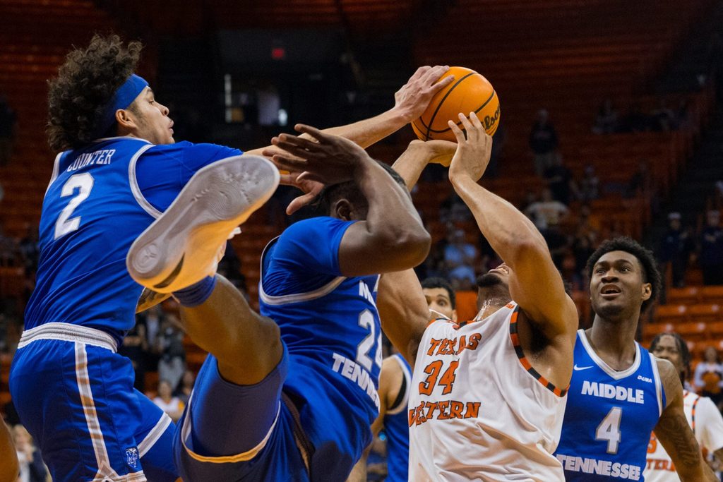 Middle Tennessee Jlynn Counter (2) blocks UTEP’s Kevin Kalu (34) during a men's basketball game on Saturday, March 1, 2025, at the Don Haskins Center in El Paso, Texas.