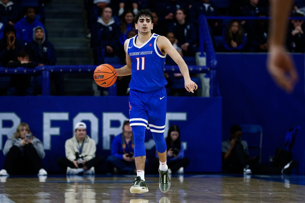 Mar 4, 2025; Colorado Springs, Colorado, USA; Boise State Broncos guard Alvaro Cardenas (11) dribbles the ball up court in the first half against the Air Force Falcons at Clune Arena. Mandatory Credit: Isaiah J. Downing-Imagn Images