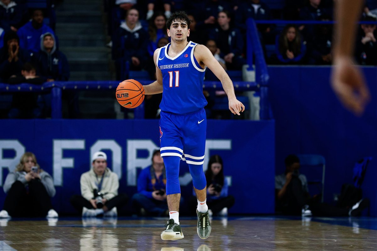 Mar 4, 2025; Colorado Springs, Colorado, USA; Boise State Broncos guard Alvaro Cardenas (11) dribbles the ball up court in the first half against the Air Force Falcons at Clune Arena. Mandatory Credit: Isaiah J. Downing-Imagn Images