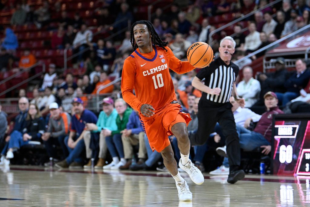 Mar 5, 2025; Chestnut Hill, Massachusetts, USA; Clemson Tigers guard Del Jones (10) dribbles the ball during the second half against the Boston College Eagles at Conte Forum. Mandatory Credit: Eric Canha-Imagn Images