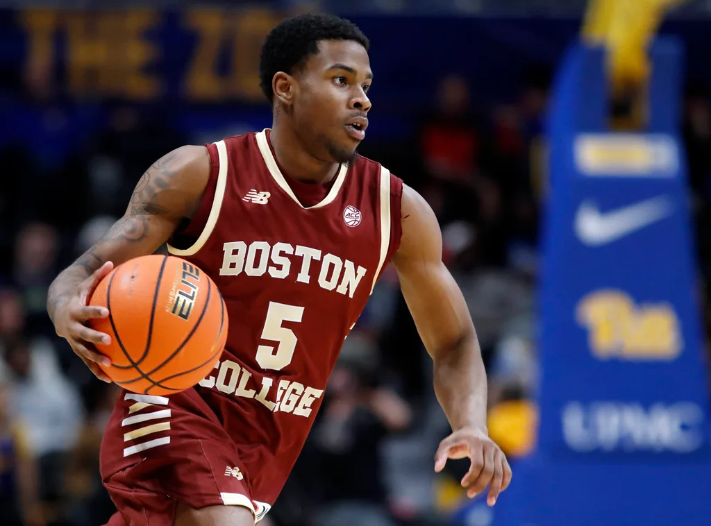 Mar 8, 2025; Pittsburgh, Pennsylvania, USA; Boston College Eagles guard Fred Payne (5) dribbles the ball against the Pittsburgh Panthers during the second half at the Petersen Events Center. Mandatory Credit: Charles LeClaire-Imagn Images