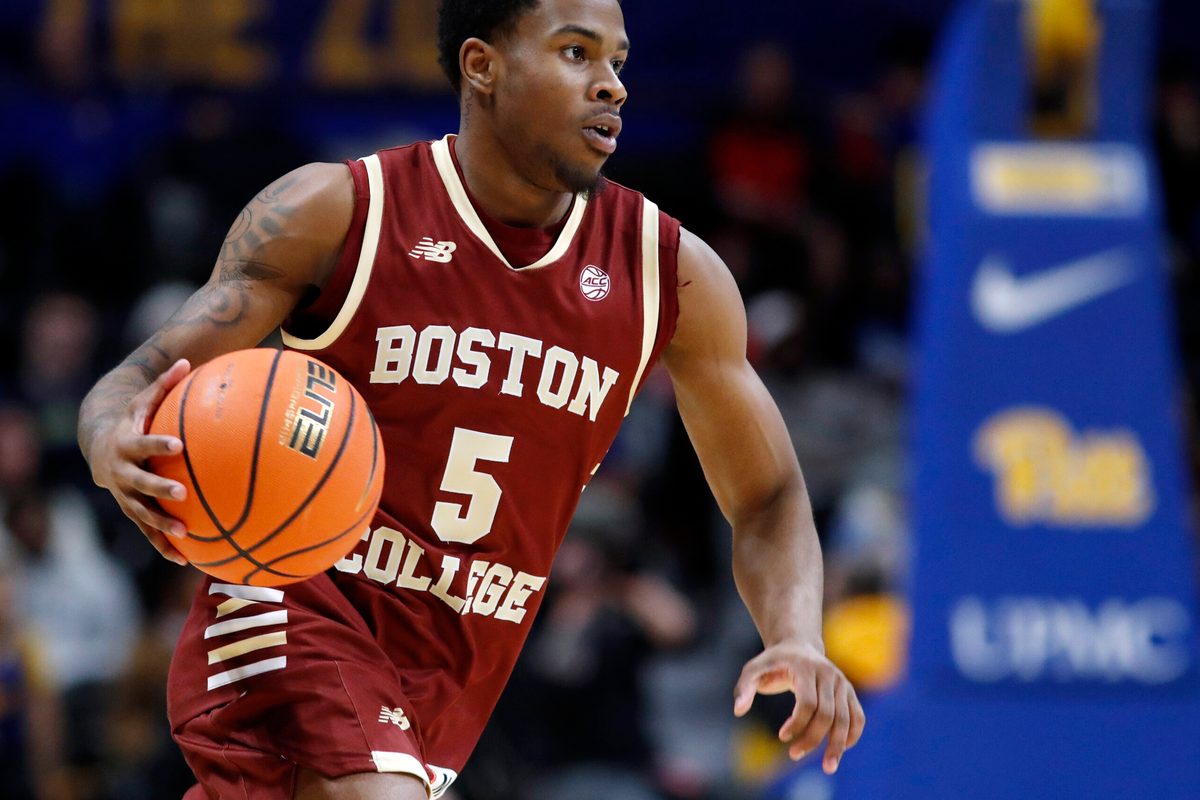 Mar 8, 2025; Pittsburgh, Pennsylvania, USA; Boston College Eagles guard Fred Payne (5) dribbles the ball against the Pittsburgh Panthers during the second half at the Petersen Events Center. Mandatory Credit: Charles LeClaire-Imagn Images