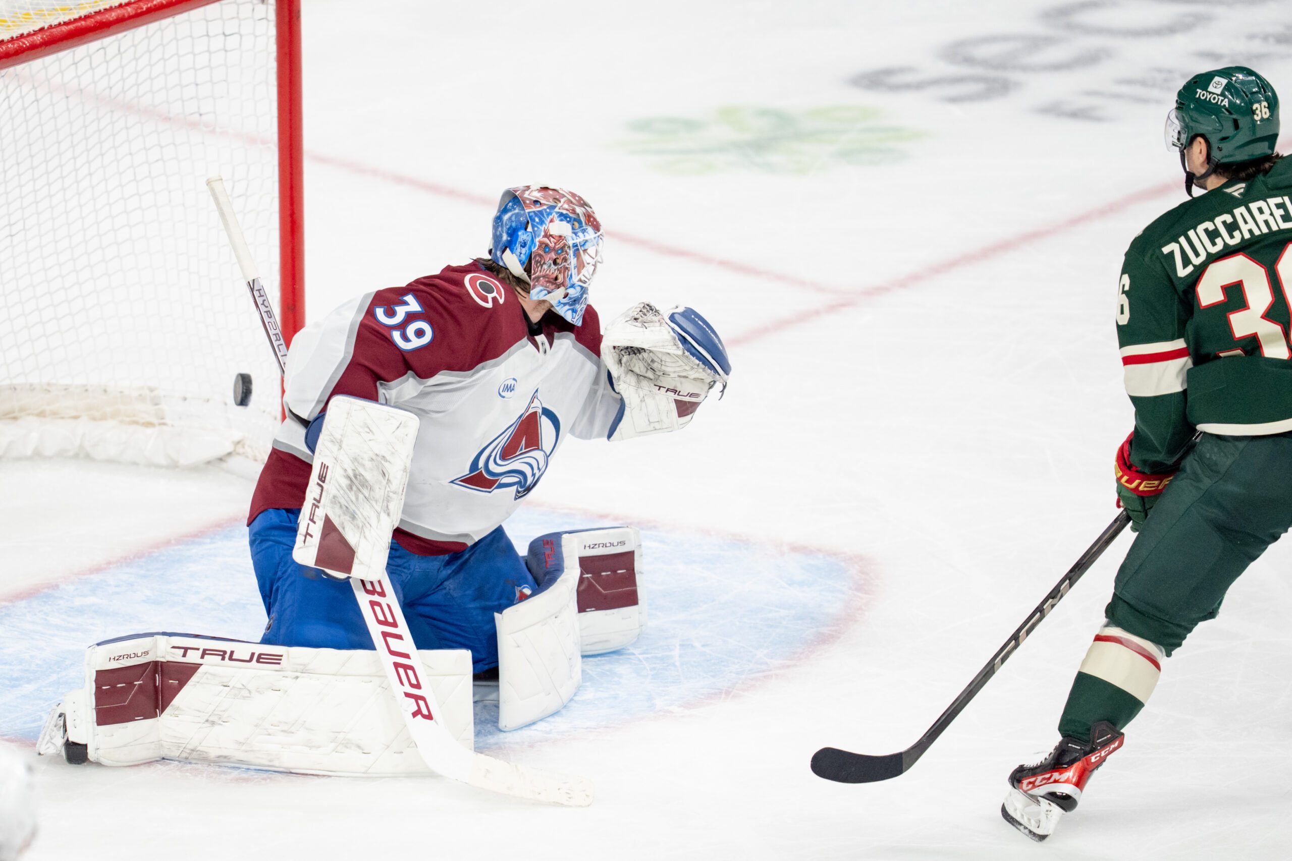 Mar 11, 2025; Saint Paul, Minnesota, USA; Minnesota Wild right wing Mats Zuccarello (36) scores on Colorado Avalanche goaltender Mackenzie Blackwood (39) in the second period at Xcel Energy Center. Mandatory Credit: Matt Blewett-Imagn Images