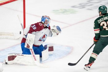 Mar 11, 2025; Saint Paul, Minnesota, USA; Minnesota Wild right wing Mats Zuccarello (36) scores on Colorado Avalanche goaltender Mackenzie Blackwood (39) in the second period at Xcel Energy Center. Mandatory Credit: Matt Blewett-Imagn Images