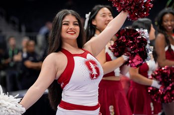 Mar 12, 2025; Charlotte, NC, USA; Stanford Cardinal cheerleaders during the first half against the California Golden Bears at Spectrum Center. Mandatory Credit: Jim Dedmon-Imagn Images