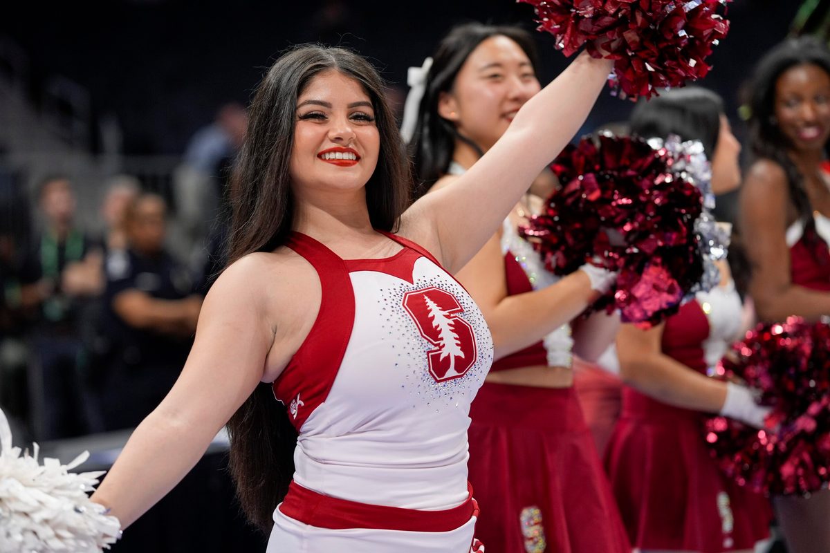 Mar 12, 2025; Charlotte, NC, USA; Stanford Cardinal cheerleaders during the first half against the California Golden Bears at Spectrum Center. Mandatory Credit: Jim Dedmon-Imagn Images