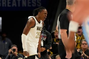 Mar 13, 2025; Charlotte, NC, USA; Wake Forest Demon Deacons forward Tre'Von Spillers (25) reacts in the first half at Spectrum Center. Mandatory Credit: Bob Donnan-Imagn Images