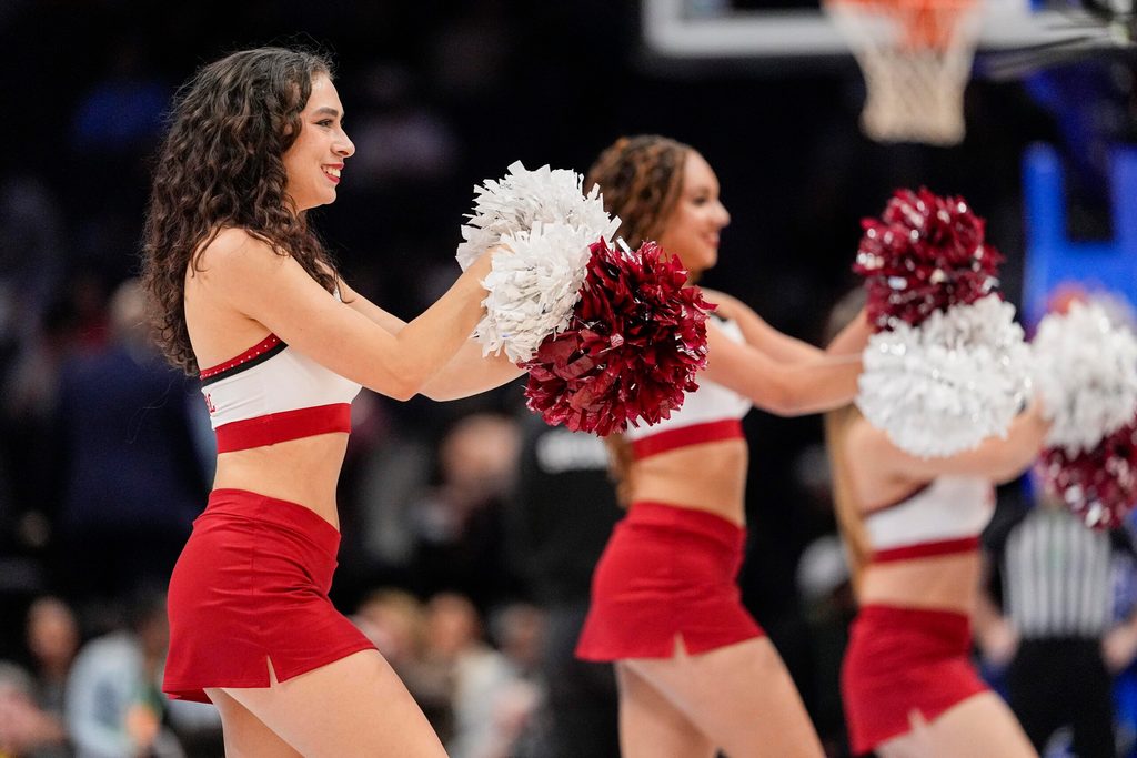 Mar 13, 2025; Charlotte, NC, USA; Stanford Cardinal cheerleaders perform during the first half against the Louisville Cardinals at Spectrum Center. Mandatory Credit: Jim Dedmon-Imagn Images