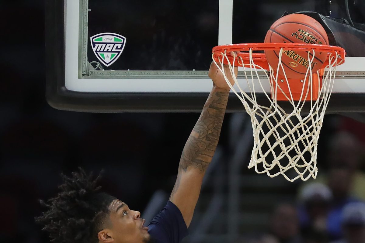 Toledo Rockets forward Javan Simmons (1) dunks during the first half of an NCAA college basketball game in the semifinals of the Mid-American Conference Tournament at Rocket Arena on Friday, March 14, 2025, in Cleveland, Ohio.