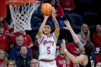 Bradley’s Christian Davis shoots a three-pointer over North Alabama in the second half of their first-round NIT basketball game Wednesday, March 19, 2025. The Braves advanced with a 71-62 victory.