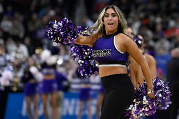 Mar 20, 2025; Providence, RI, USA; High Point Panthers cheerleaders perform during the first half against the Purdue Boilermakers at Amica Mutual Pavilion. Mandatory Credit: Eric Canha-Imagn Images