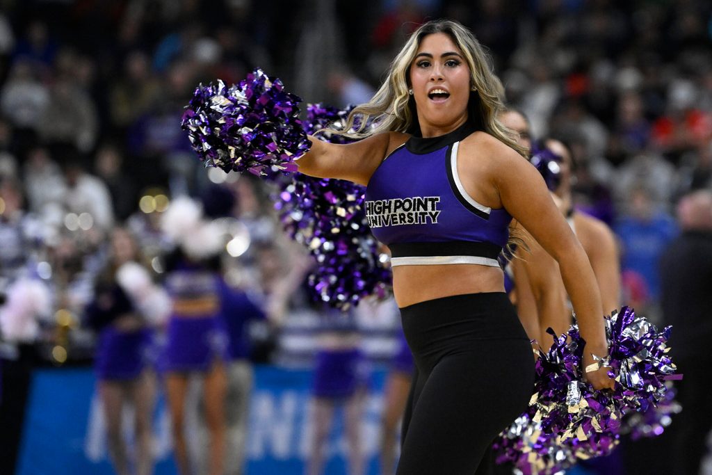 Mar 20, 2025; Providence, RI, USA; High Point Panthers cheerleaders perform during the first half against the Purdue Boilermakers at Amica Mutual Pavilion. Mandatory Credit: Eric Canha-Imagn Images