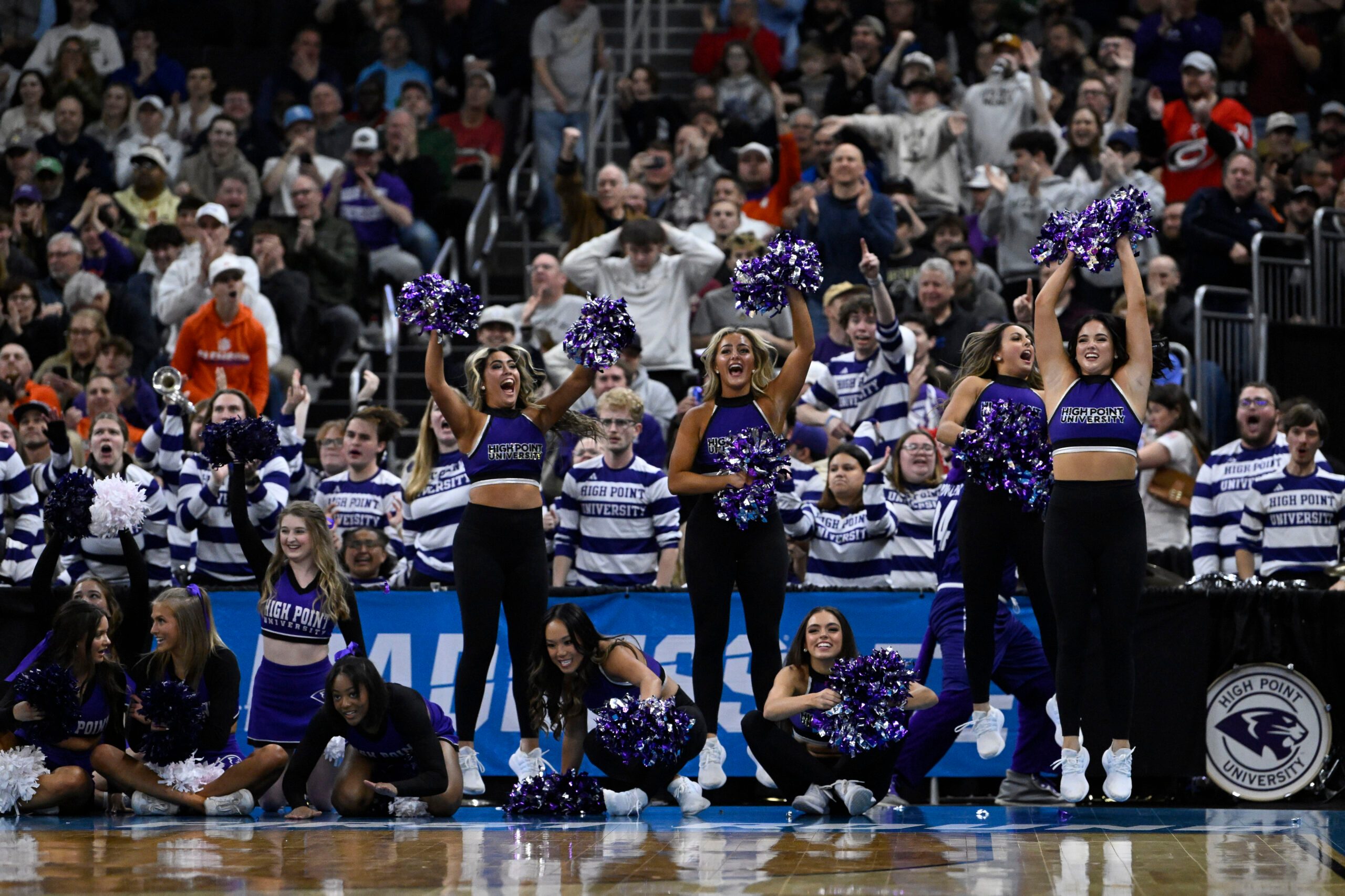Mar 20, 2025; Providence, RI, USA; High Point Panthers cheerleaders perform during the second half against the Purdue Boilermakers at Amica Mutual Pavilion. Mandatory Credit: Eric Canha-Imagn Images