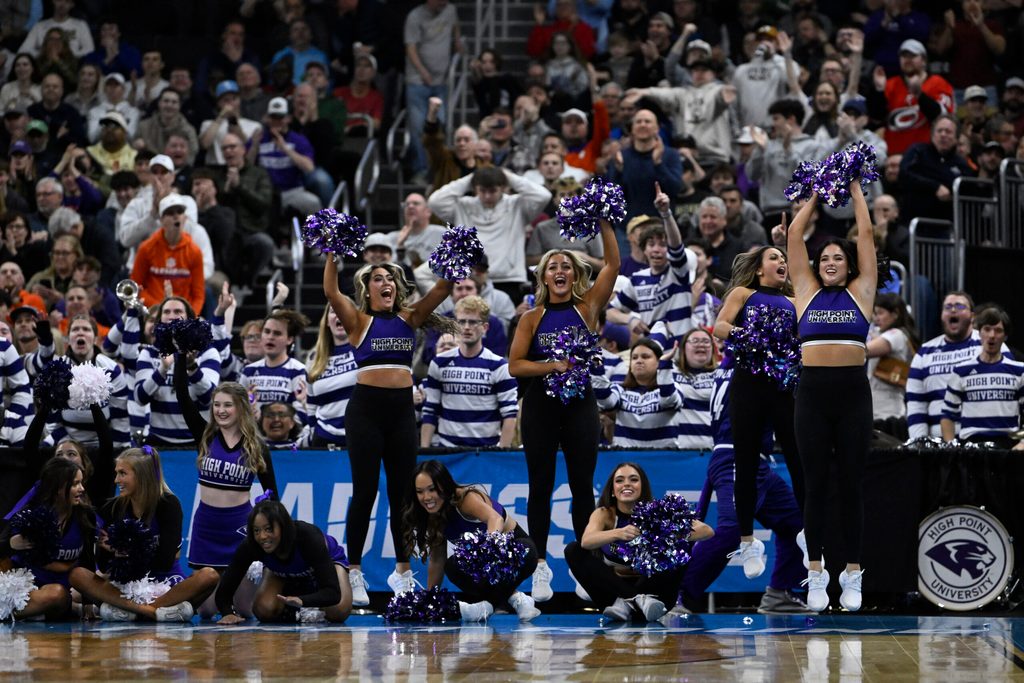 Mar 20, 2025; Providence, RI, USA; High Point Panthers cheerleaders perform during the second half against the Purdue Boilermakers at Amica Mutual Pavilion. Mandatory Credit: Eric Canha-Imagn Images