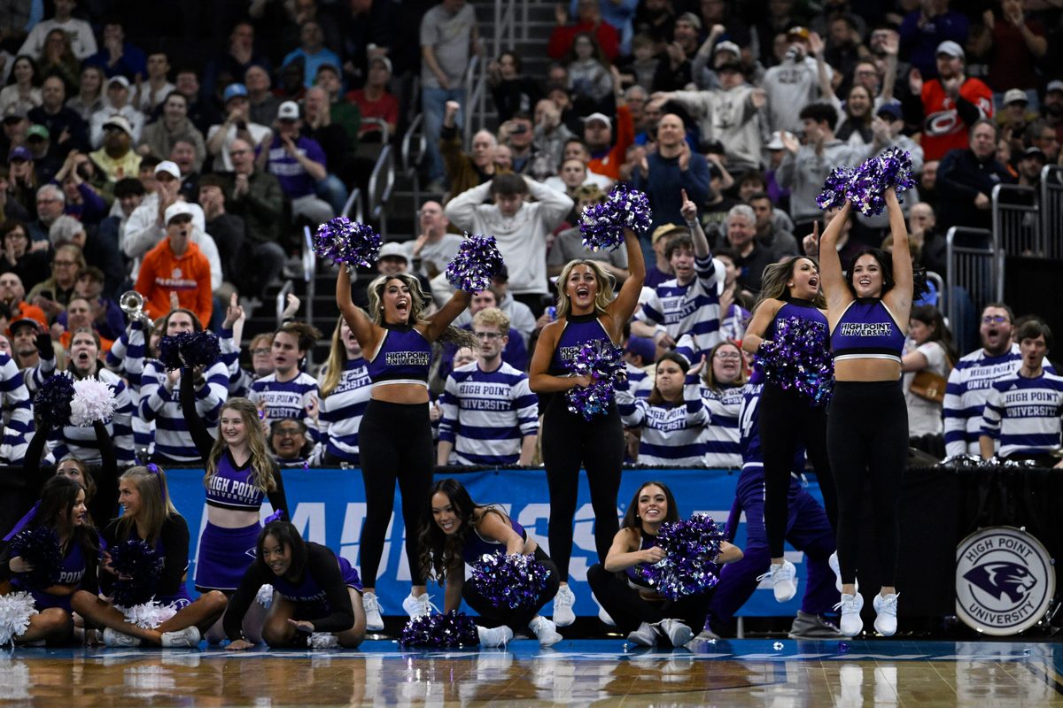 Mar 20, 2025; Providence, RI, USA; High Point Panthers cheerleaders perform during the second half against the Purdue Boilermakers at Amica Mutual Pavilion. Mandatory Credit: Eric Canha-Imagn Images